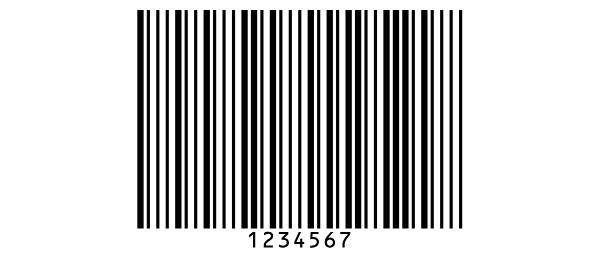 Ein MSI-Plessey-Barcode mit 1234567 und einer
Mod-10-Prüfziffer; unter den Balken steht nur 1234567.
