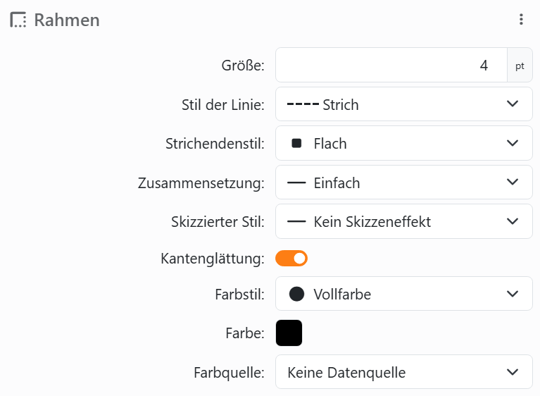 Der Abschnitt Rahmen eines Elements: Größe 4 pt, Stil der Linie
Strich, Strichendenstil Flach, Zusammensetzung Einfach, Skizzierter Stil Kein Skizzeneffekt, Kantenglättung eingeschaltet,
dann Farbstil Vollfarbe, Farbe und Farbquelle.