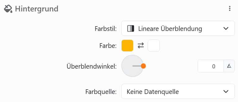 Das Steuerelement für die Hintergrundfarbe: Farbstil Lineare
Überblendung, zwei Farben mit Farben invertieren dazwischen, Überblendwinkel mit seinem Drehregler und Farbquelle
Keine Datenquelle.