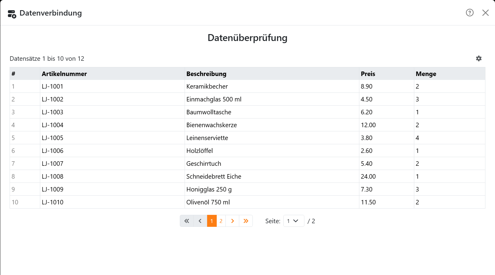 Der Schritt Datenüberprüfung: eine Tabelle mit einer
Spalte # und den Feldern Artikelnummer, Beschreibung, Preis und Menge, die ersten Datensätze einer Produktliste, die
Zeile Datensätze 1 bis 10 von 12 und die Seitenschaltflächen.