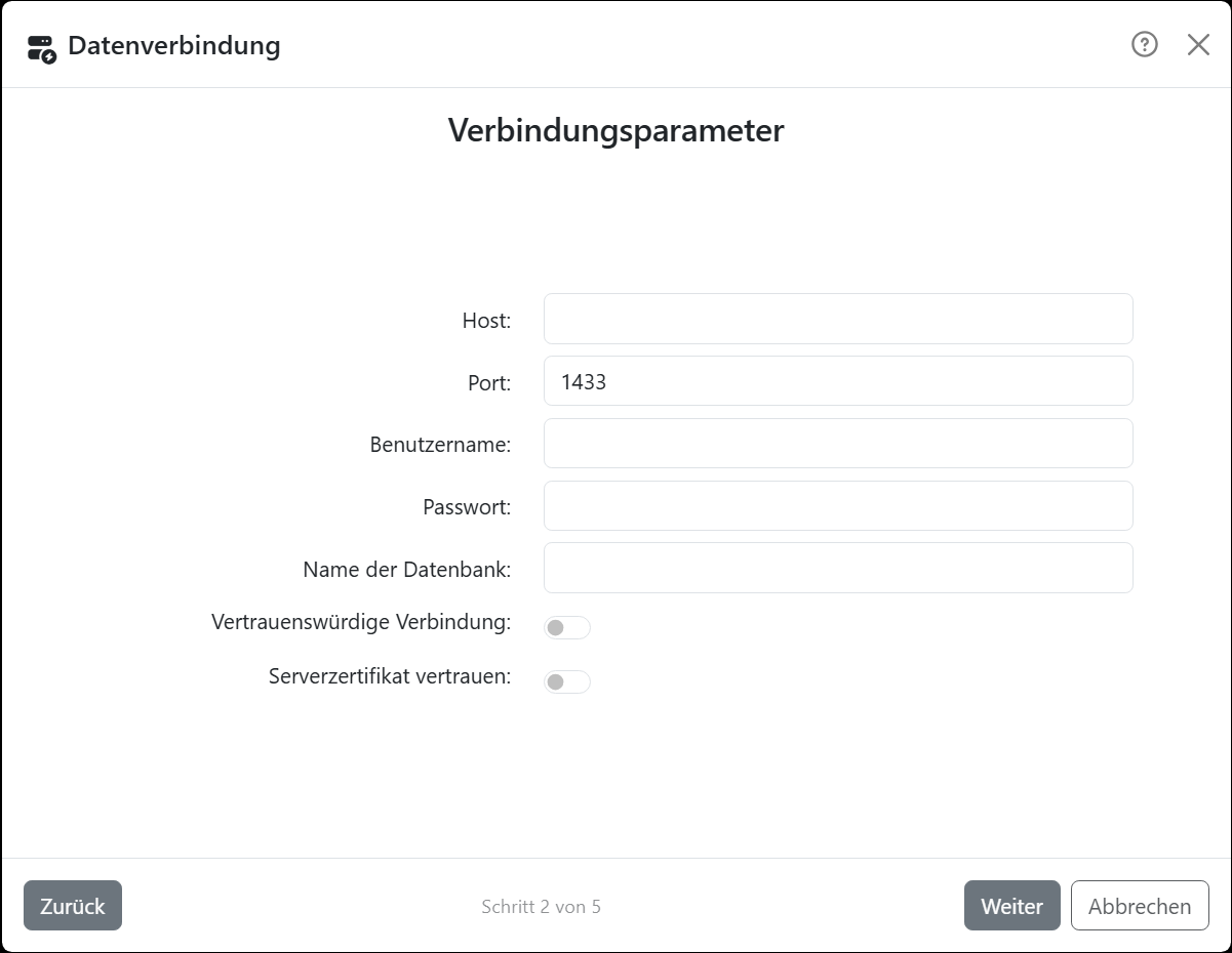 Der Schritt Verbindungsparameter des Assistenten,
für SQL Server: Host, Port mit 1433, Benutzername, Passwort, Name der Datenbank und die Schalter Vertrauenswürdige
Verbindung und Serverzertifikat vertrauen.