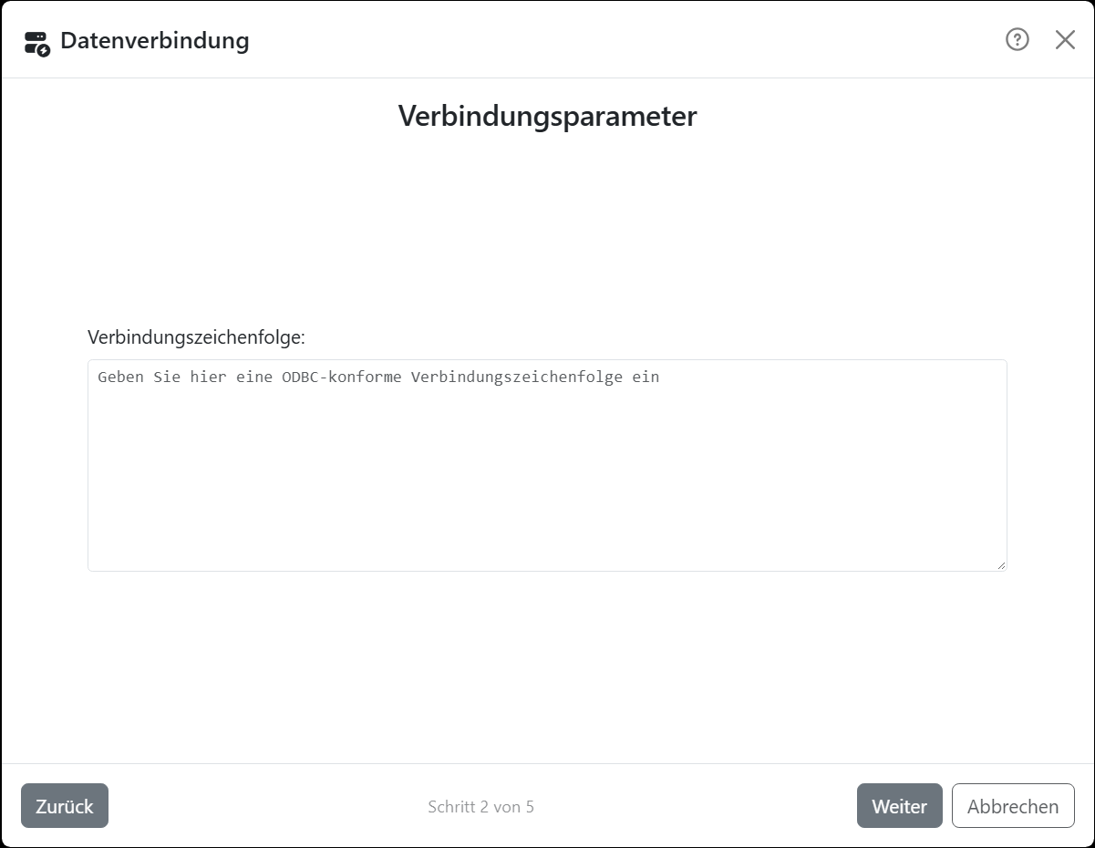 Der Schritt Verbindungsparameter des Assistenten für
Benutzerdefinierte Verbindung: ein einziges Feld Verbindungszeichenfolge mit dem Hinweis Geben Sie hier eine
ODBC-konforme Verbindungszeichenfolge ein.