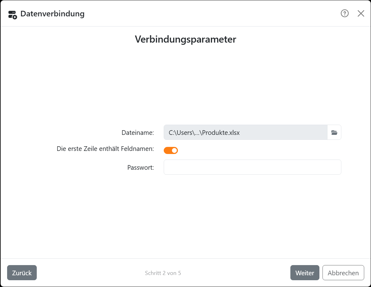 Der Schritt Verbindungsparameter des Assistenten für Excel:
Dateiname mit Produkte.xlsx, Die erste Zeile enthält Feldnamen eingeschaltet, und Passwort.