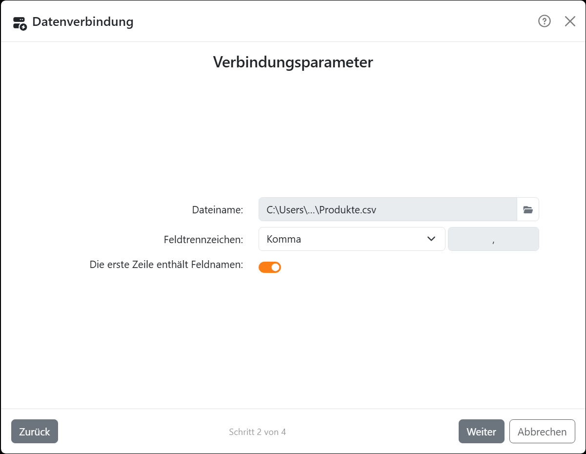 Der Schritt Verbindungsparameter des Assistenten für eine
Textdatei: Dateiname mit Produkte.csv, Feldtrennzeichen auf Komma und Die erste Zeile enthält Feldnamen
eingeschaltet.