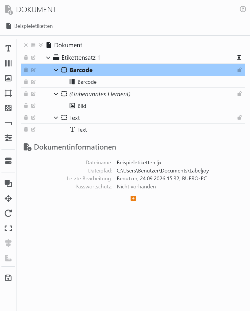 Das Panel Dokument: links eine senkrechte Leiste mit
Symbolen; die Liste mit Dokument, Etikettensatz 1 und seinen drei Elementen Barcode, einem Element ohne Namen und
Text, jedes aufgeklappt, sodass man sieht, was es enthält; und darunter Dokumentinformationen, mit dem Dateinamen,
dem Dateipfad, der letzten Bearbeitung und dem Passwortschutz.