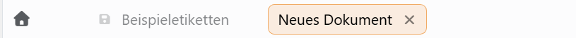 Die Schaltfläche Start und zwei Dokument-Registerkarten:
Beispieletiketten, deren Speichersymbol ungespeicherte Änderungen anzeigt, und Neues Dokument, die aktive.