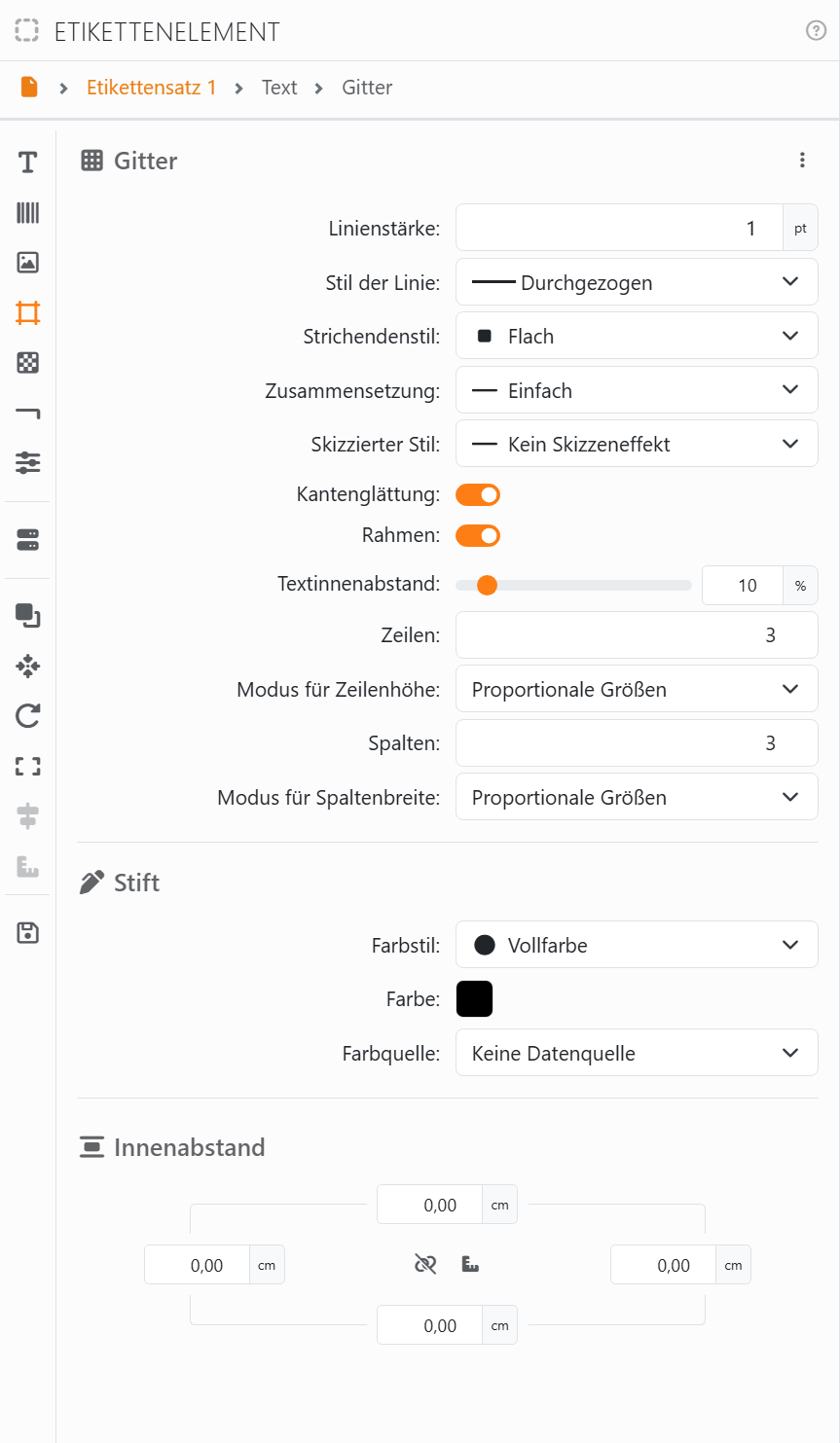 Der Abschnitt Gitter: Linienstärke 1 pt, Stil der Linie
Durchgezogen, Strichendenstil Flach, Zusammensetzung Einfach, Skizzierter Stil Kein Skizzeneffekt, Kantenglättung an, Rahmen
an, Textinnenabstand 10 %, Zeilen 3 und Modus für Zeilenhöhe Proportionale Größen, Spalten 3 und Modus für
Spaltenbreite Proportionale Größen, dann Stift und Innenabstand.