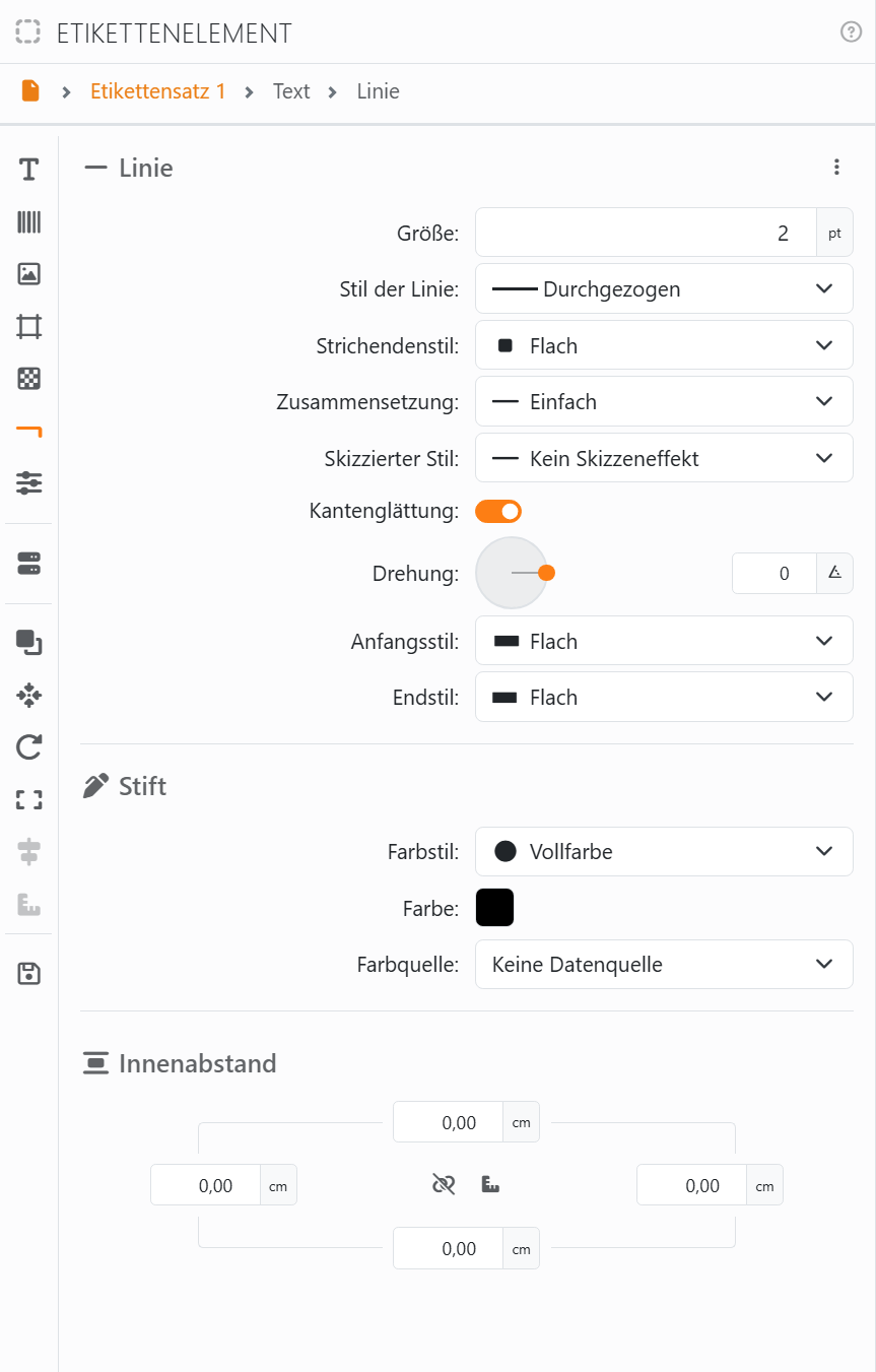 Der Abschnitt Linie: Größe 2 pt, Stil der Linie Durchgezogen,
Strichendenstil Flach, Zusammensetzung Einfach, Skizzierter Stil Kein Skizzeneffekt, Kantenglättung an, Drehung 0,
Anfangsstil und Endstil Flach, dann Stift und Innenabstand.