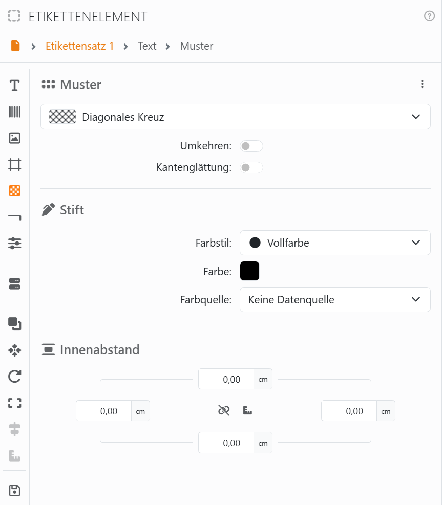 Der Abschnitt Muster mit Diagonales Kreuz ausgewählt,
Umkehren aus, Kantenglättung aus, dann Stift und Innenabstand.