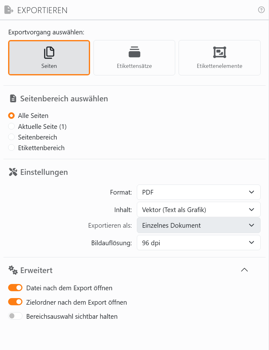 Das Panel Exportieren: Exportvorgang auswählen mit
Seiten, Etikettensätze und Etikettenelemente, dann Seitenbereich auswählen mit Alle Seiten, Aktuelle Seite,
Seitenbereich und Etikettenbereich, dann Einstellungen mit Format PDF, Inhalt, Exportieren als und Bildauflösung, und
der geöffnete Abschnitt Erweitert mit Datei nach dem Export öffnen, Zielordner nach dem Export öffnen und
Bereichsauswahl sichtbar halten.