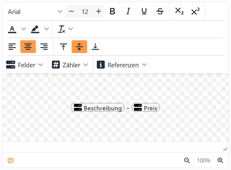 Der Texteditor mit zwei Platzhaltern, Beschreibung und
Preis, und einem Bindestrich dazwischen.