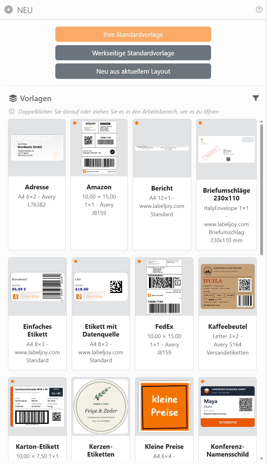 Das Panel Neu: die Schaltflächen Ihre Standardvorlage,
Werkseitige Standardvorlage und Neu aus aktuellem Layout, darunter die Galerie Vorlagen.