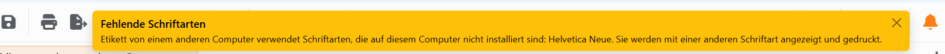 Eine Karte Fehlende Schriftarten oben rechts im Fenster, daneben die Glocke, orange.