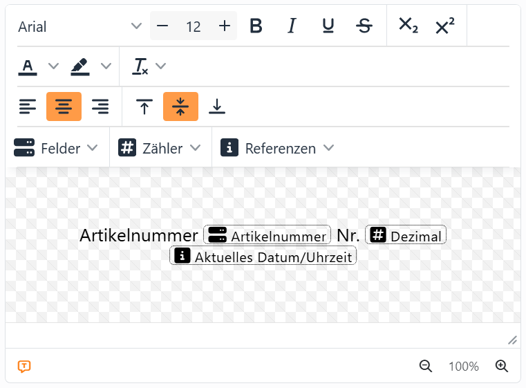 Der Texteditor mit dem Wort Artikelnummer, einem Platzhalter
des Feldes Artikelnummer, dem Wort Nr., einem Platzhalter des Zählers Dezimal und einem Platzhalter der Referenz
Aktuelles Datum/Uhrzeit, jeder ein kleines gepunktetes Kästchen mit seinem Symbol und Namen.