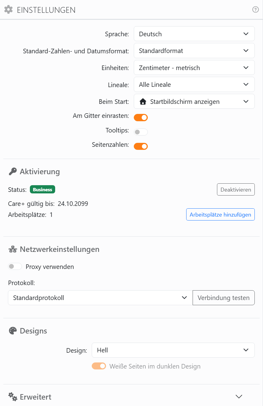 Das Panel Einstellungen: Sprache Deutsch, Standard-Zahlen-
und Datumsformat Standardformat, Einheiten, Lineale, Beim Start Startbildschirm anzeigen, die Schalter Am Gitter
einrasten, Tooltips und Seitenzahlen, dann die Abschnitte Aktivierung, Netzwerkeinstellungen, Designs und, geschlossen,
Erweitert.