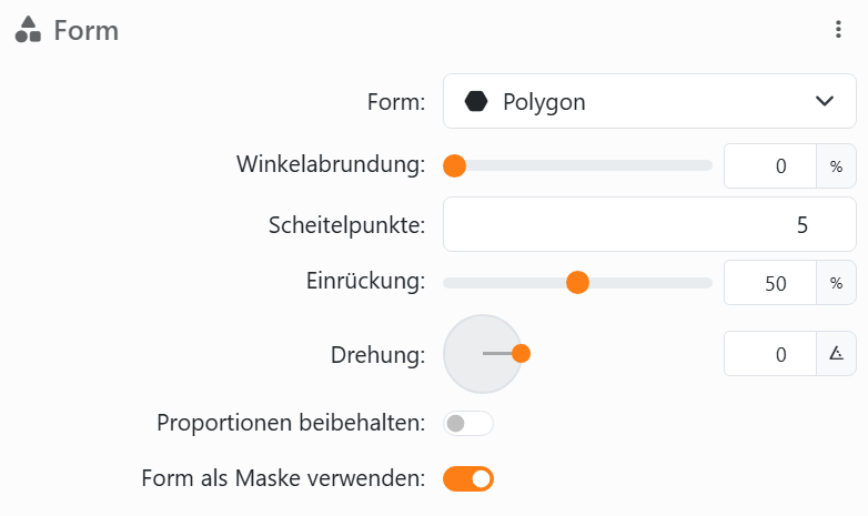 Der Abschnitt Form eines Elements: Form Polygon, Winkelabrundung,
Scheitelpunkte 5, Einrückung 50 % für einen Stern, Drehung mit ihrem Drehregler, Proportionen beibehalten und Form als
Maske verwenden.