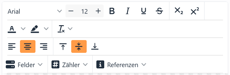 Die Symbolleiste des Texteditors: die Schriftart Arial, die
Größe 12 mit Minus und Plus, Fett, Kursiv, Unterstrichen, Durchgestrichen, Tiefgestellt und Hochgestellt; Textfarbe
und Hintergrundfarbe und das Menü zum Zurücksetzen des Formats; Linksbündig ausrichten, Zentrieren und Rechtsbündig
ausrichten, Oben, Mittig und Unten ausrichten; und Felder, Zähler und Referenzen.