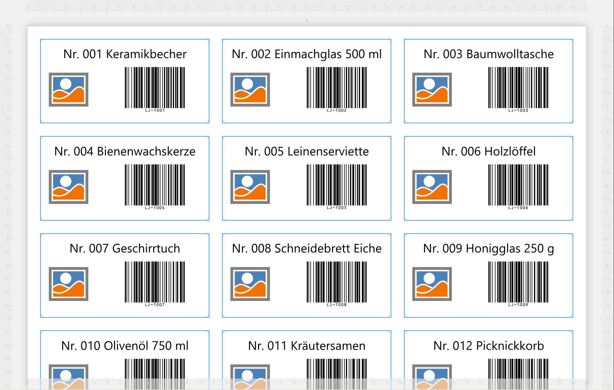 Der Arbeitsbereich mit einem Bogen Produktetiketten: Auf
jedem steht Nr. und eine Zahl, die um eins höher ist als auf dem Etikett davor - 001, 002, 003 -, dann ein anderes
Produkt, mit der Artikelnummer dieses Produkts als Barcode.