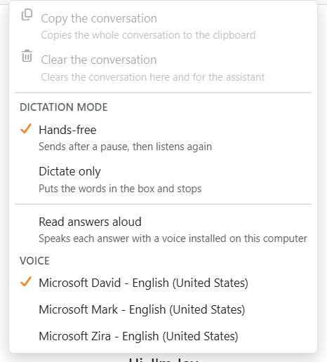 The gear menu: Copy the conversation and Clear the
conversation, Dictation mode with Hands-free and Dictate only, Read answers aloud, and the Voice list.