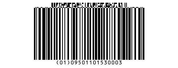 A GS1-128 barcode with a GS1 composite part above the bars, and (01)09501101530003 printed under them.
