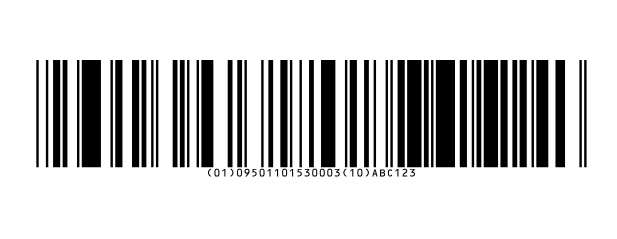 A Databar Expanded barcode holding (01)09501101530003(10)ABC123.