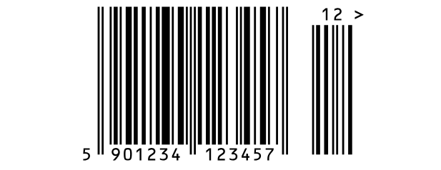 An EAN 13 barcode with a small 2-digit add-on, 12, on its right.