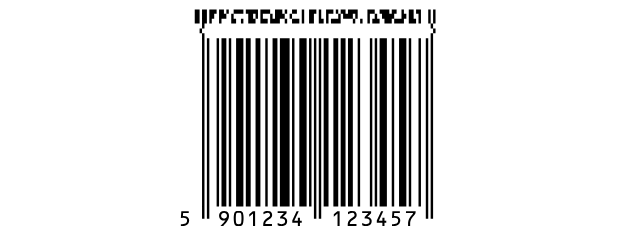 An EAN 13 barcode with a GS1 composite part: a band of small 2D rows above the bars.