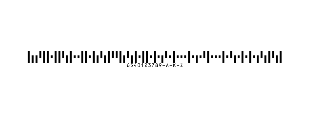 A Japanese Postal barcode for 6540123789-A-K-Z, with the value under the bars.