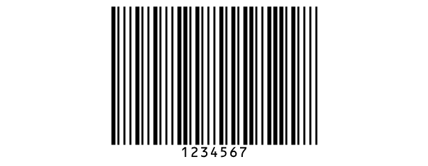 An MSI Plessey barcode holding 1234567 with a Mod 10
check digit; only 1234567 is printed under the bars.