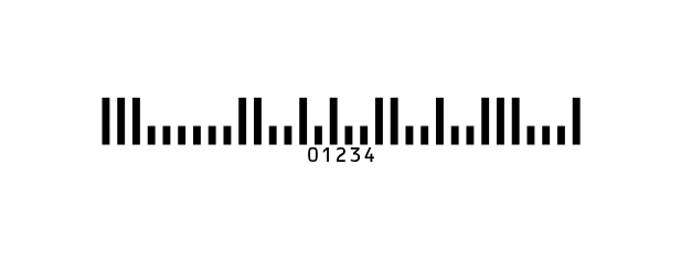 A PostNet barcode for the ZIP code 01234: tall and short bars with 01234 under them.