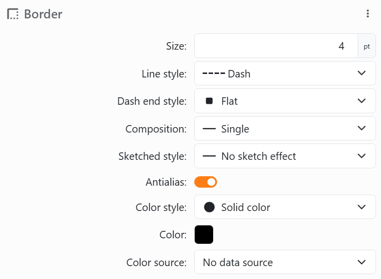 The Border section of an element: Size 4 pt, Line style Dash, Dash end
style Flat, Composition Single, Sketched style No sketch effect, Antialias on, then Color style Solid color, Color and Color
source.