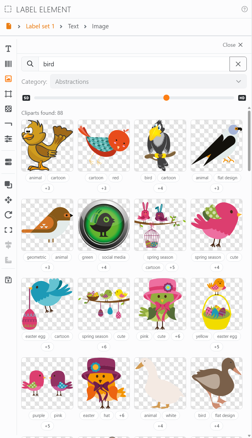 The Cliparts panel searching for bird: Close, the search box, the Category list dimmed, the quality slider
from SD to HD, how many cliparts were found, and a grid of birds, each with a few tags under it.