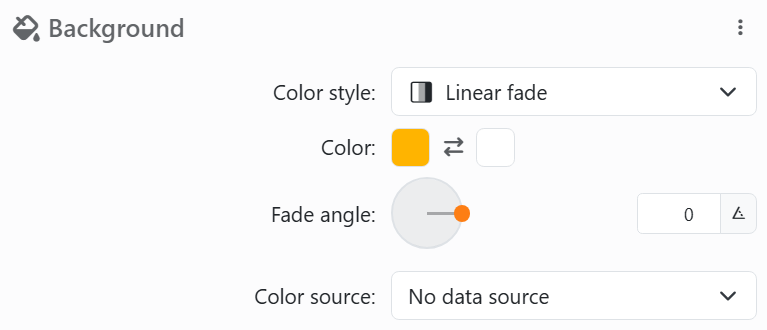 The Background color control: Color style Linear fade, two colors
with Invert colors between them, Fade angle with its dial, and Color source No data source.