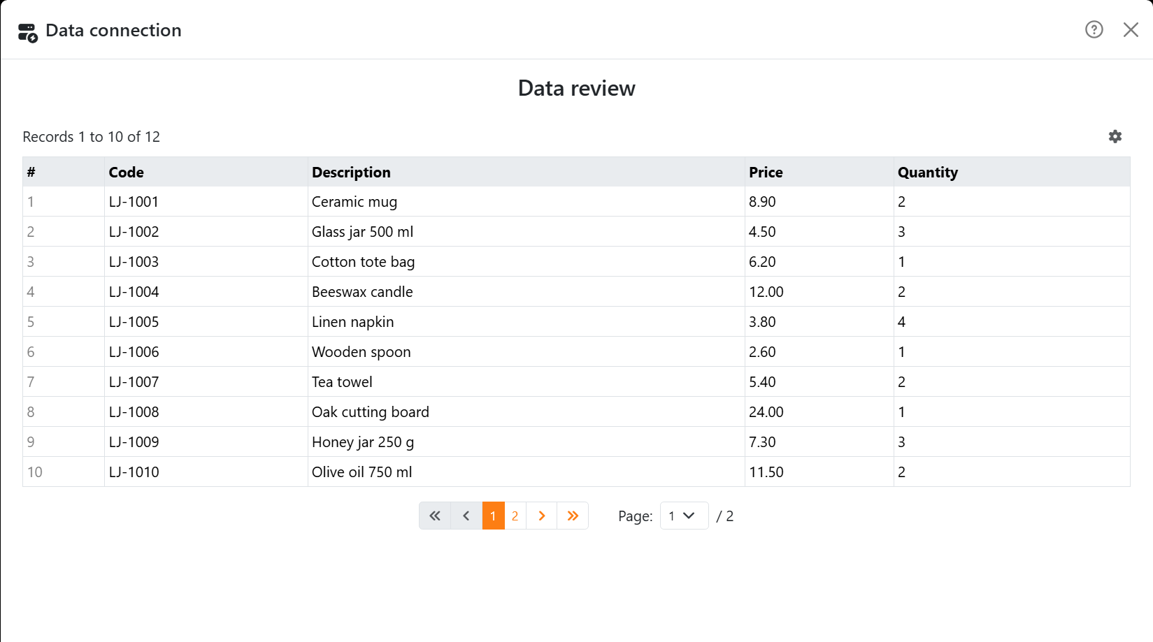 The Data review step: a table with a # column and
the fields Code, Description, Price and Quantity, the first records of a product list, the line Records 1 to 10 of
12, and the page buttons.