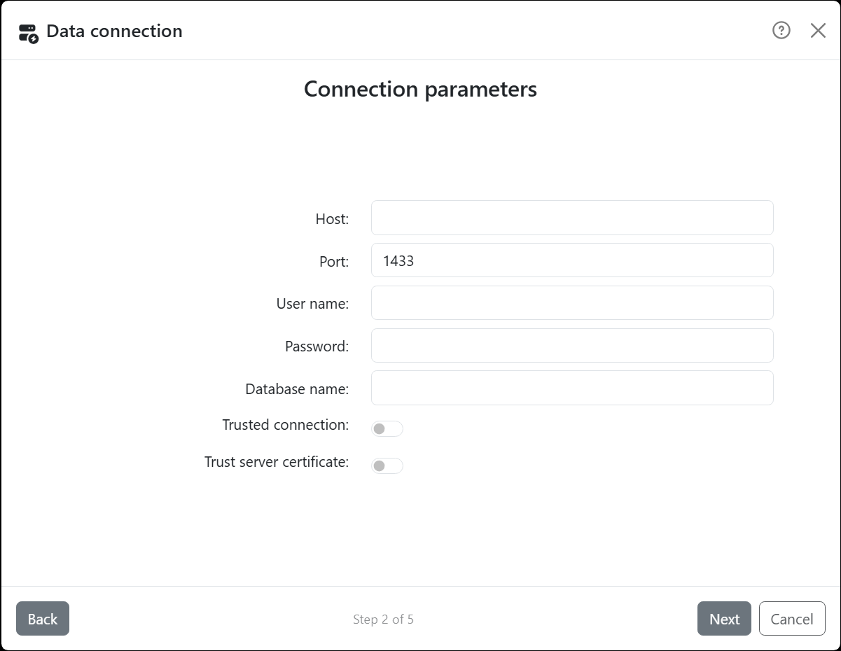 The wizard's Connection parameters step for SQL
Server: Host, Port with 1433, User name, Password, Database name, and the switches Trusted connection and Trust server
certificate.
