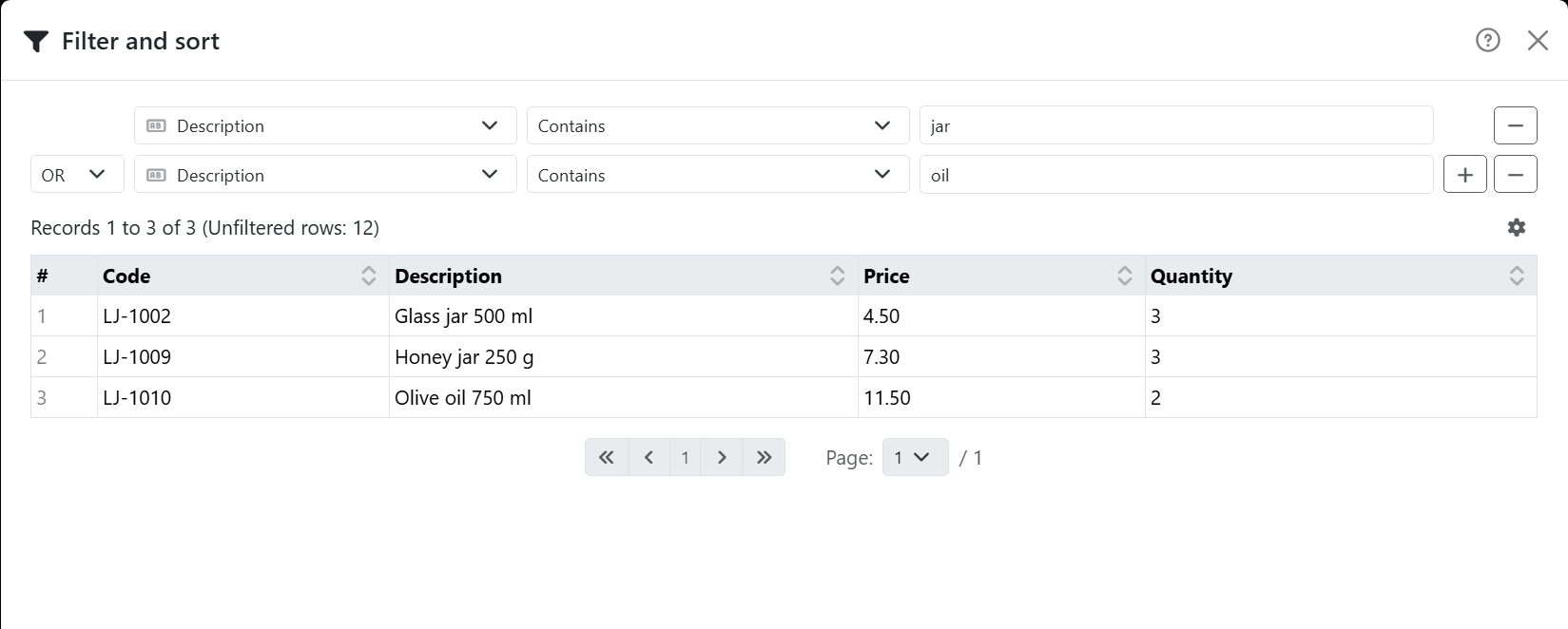 Filter and sort for a product list: two conditions,
Description Contains jar, OR Description Contains oil, and below them the three products that pass.