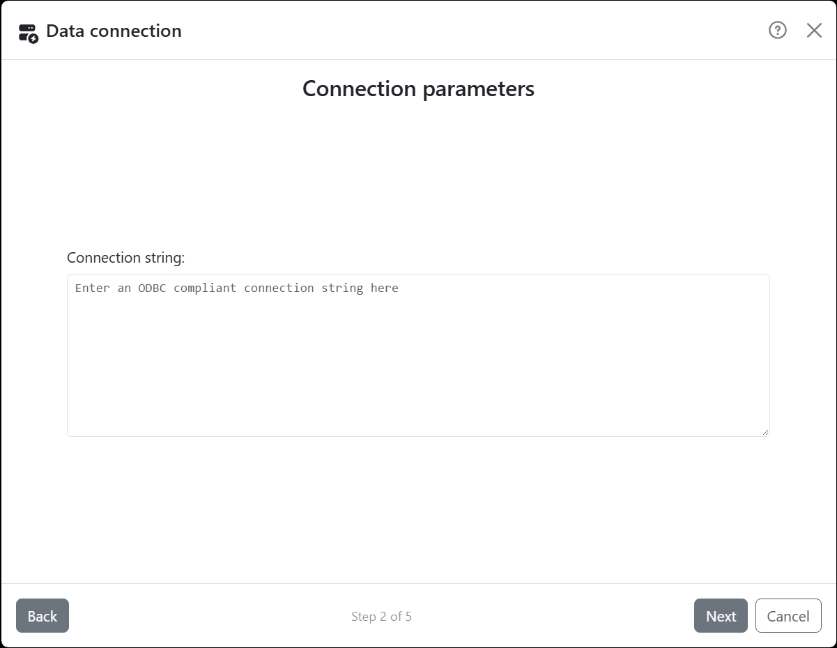 The wizard's Connection parameters step for Custom connection: one
Connection string box, with the hint Enter an ODBC compliant connection string here.