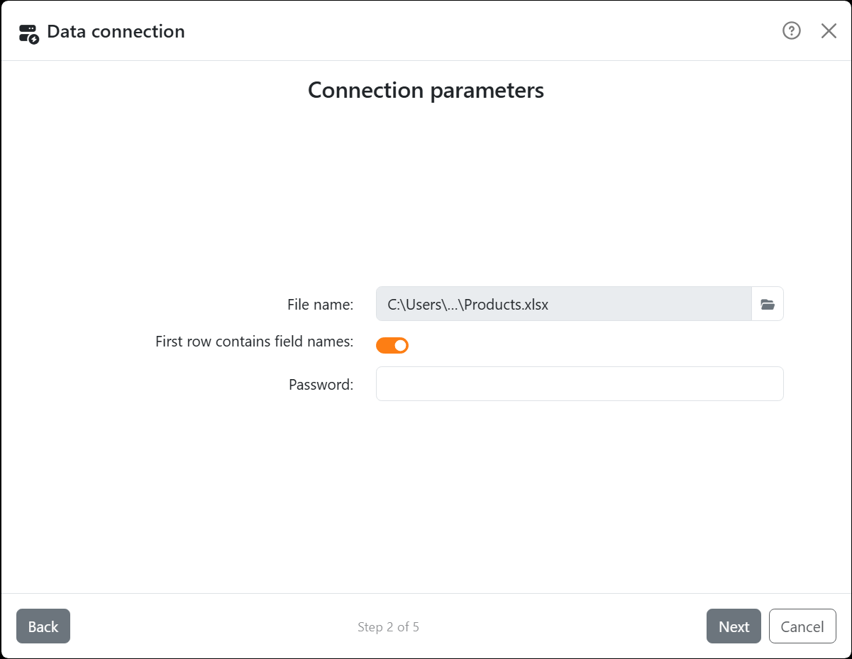 The wizard's Connection parameters step for Excel: File
name with Products.xlsx, First row contains field names switched on, and Password.