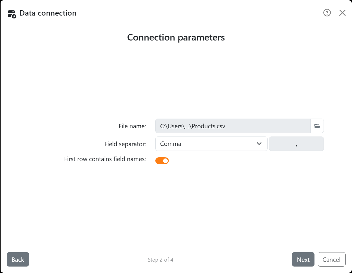 The wizard's Connection parameters step for a text file:
File name with Products.csv, Field separator on Comma, and First row contains field names switched on.