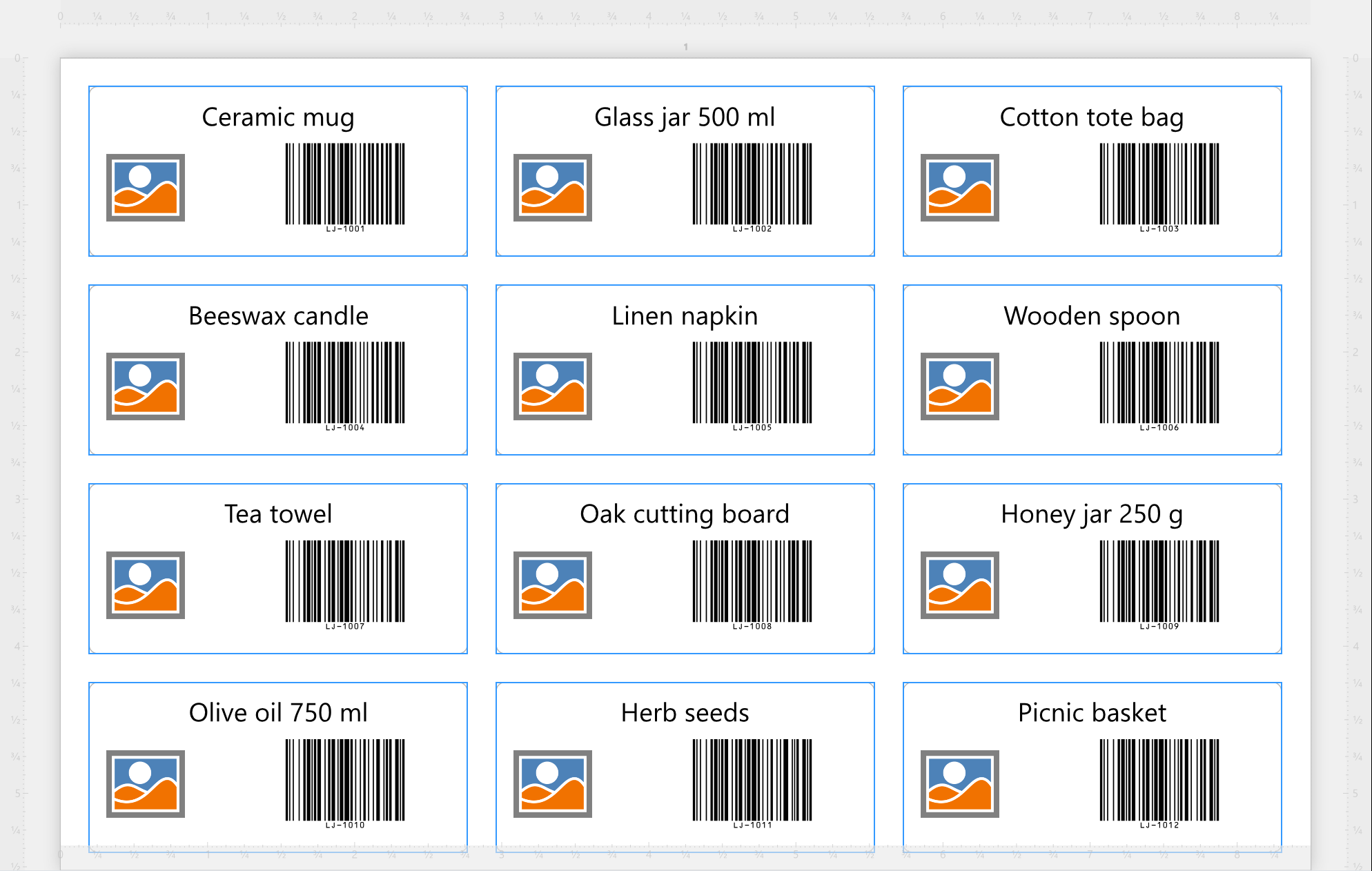 The work area with a sheet of labels made from a product list:
each label shows a different product description, with its product code as a barcode.