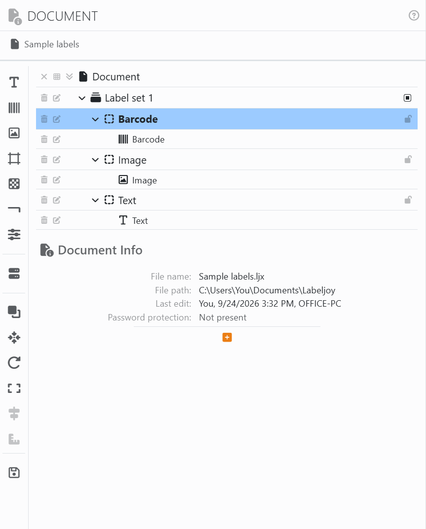 The Document panel: a strip of icons down the left; the
list with Document, Label set 1 and its three elements Barcode, Image and Text, each open to show
what it holds; and under it Document Info, with the file name, the file path, the last edit and the password
protection.