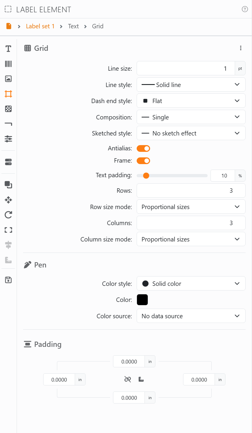 The Grid section: Line size 1 pt, Line style Solid line, Dash end style
Flat, Composition Single, Sketched style No sketch effect, Antialias on, Frame on, Text padding 10%, Rows 3 and Row size mode
Proportional sizes, Columns 3 and Column size mode Proportional sizes, then Pen and Padding.