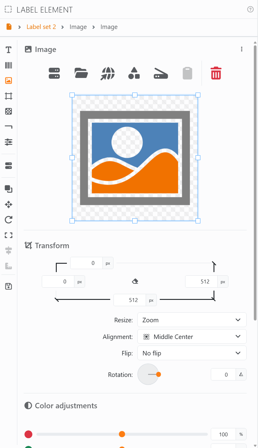 The Image section: the buttons to get a picture, then the
picture with a crop frame, Transform with the crop boxes, Resize Zoom, Alignment Middle Center, Flip No flip and
Rotation 0, and the start of Color adjustments.