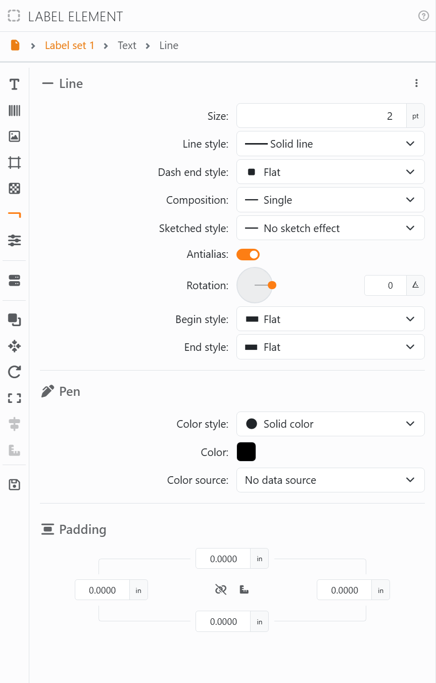 The Line section: Size 2 pt, Line style Solid line, Dash end style Flat,
Composition Single, Sketched style No sketch effect, Antialias on, Rotation 0, Begin style and End style Flat, then Pen and
Padding.