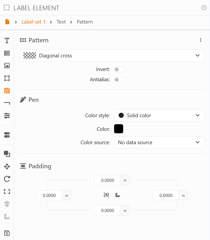 The Pattern section with Diagonal cross chosen, Invert off,
Antialias off, then Pen and Padding.