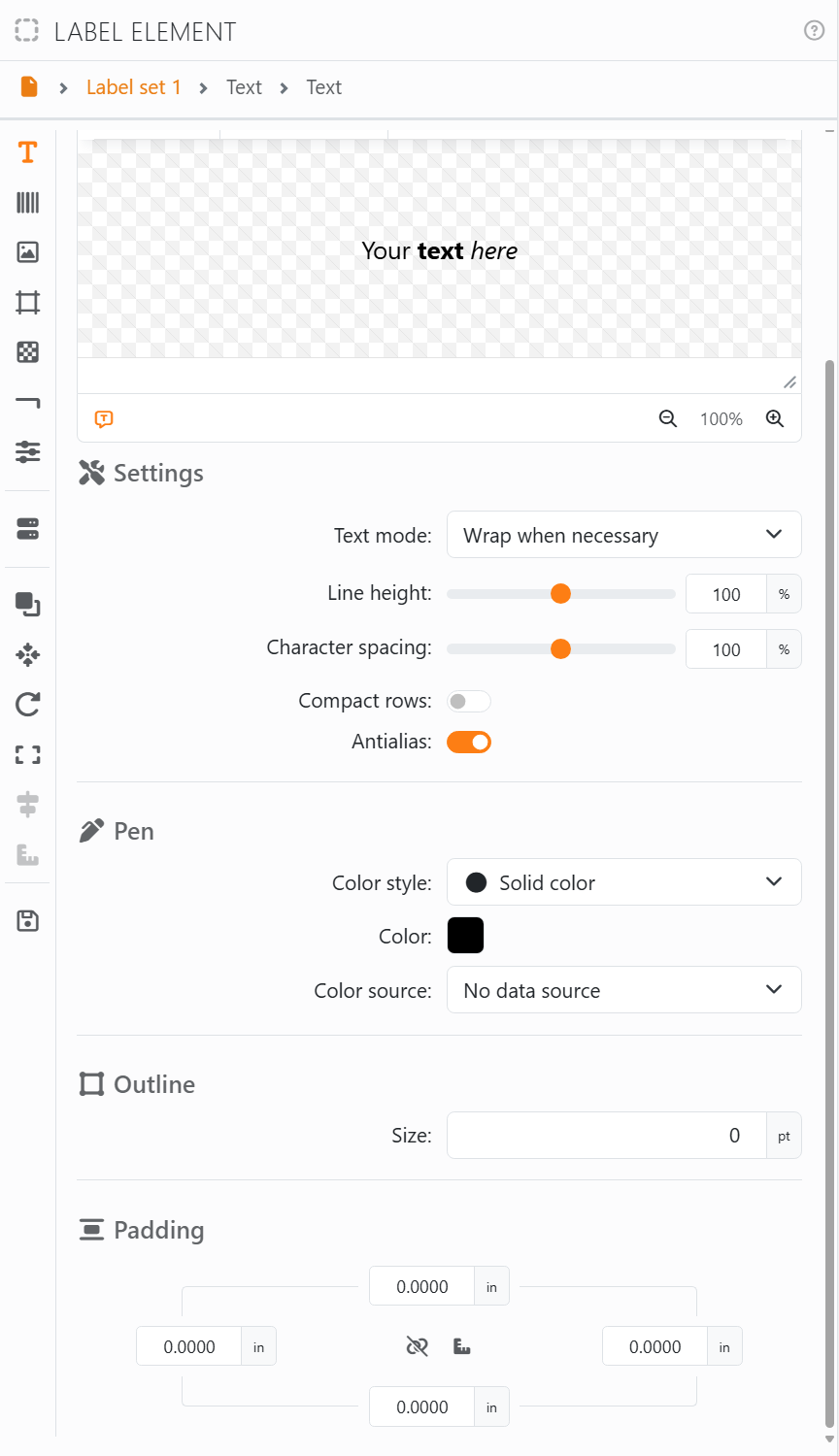 The Text section under the editor: Settings, with Text mode
Wrap when necessary, Line height and Character spacing at 100%, Compact rows off and Antialias on; Pen, with Color style
Solid color and Color black; Outline, with Size 0 pt; and Padding.