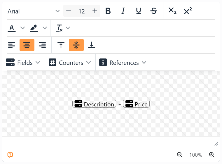 The text editor holding two placeholders, Description
and Price, with a dash between them.