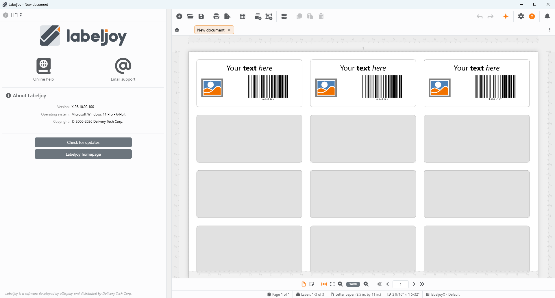 Labeljoy with a new document: the tab New document, and
on the work area a sheet whose first three labels each hold Your text here, a picture and a barcode, while the
rest of the sheet is gray.