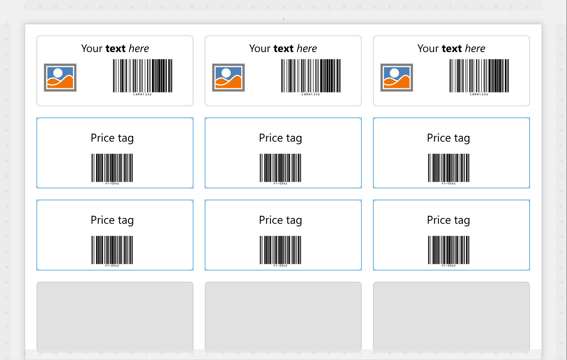 A sheet with two label sets: three labels with a text, a
picture and a barcode, then six price tags with a different text and barcode, then empty places.