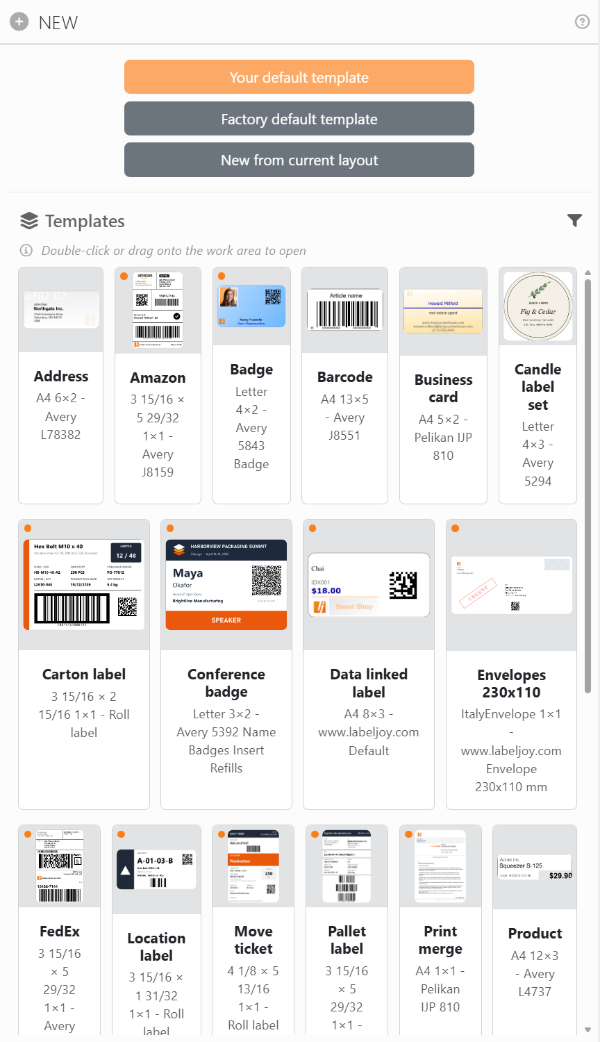 The New panel: the buttons Your default template, Factory
default template and New from current layout, and below them the Templates gallery.